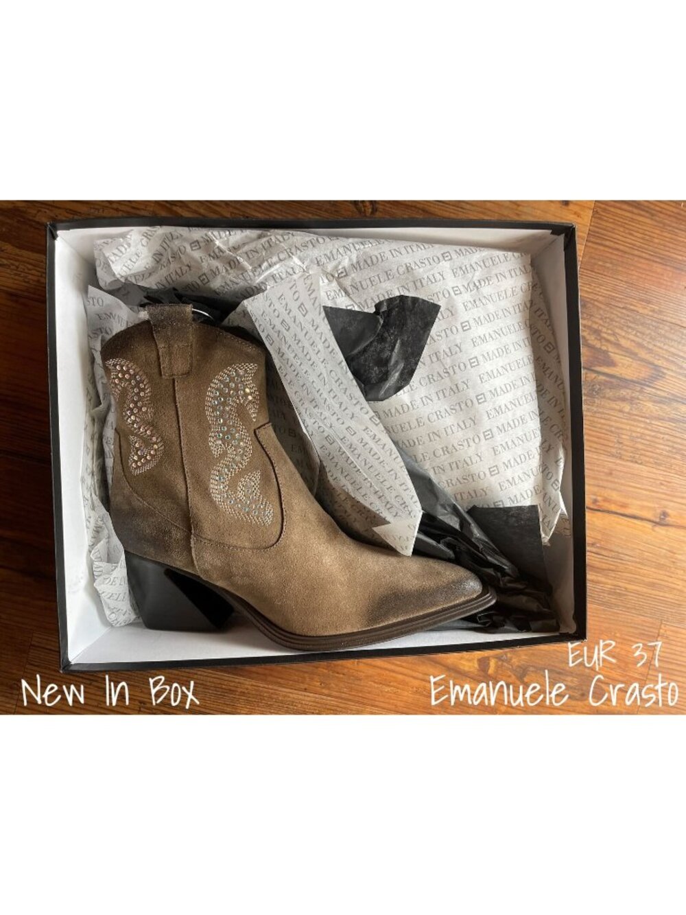 Emanuele Crasto Rhinestones Leather Western Boots 7 US EUR 37 New In Box